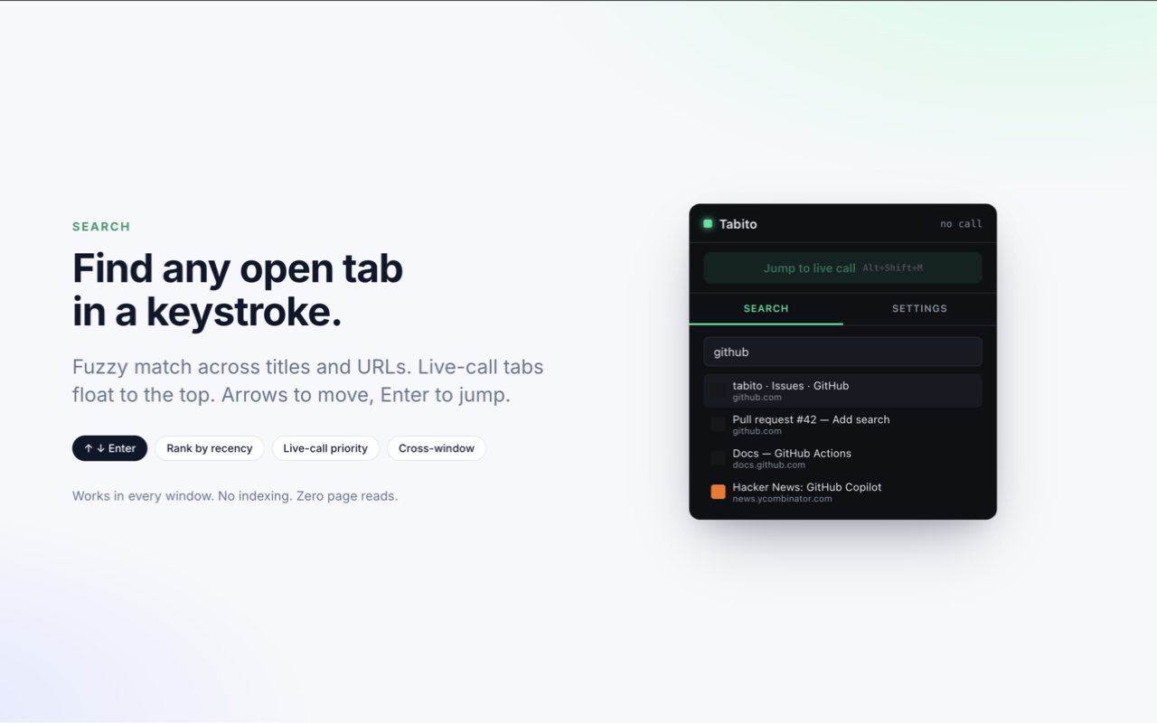 Fuzzy search across every open tab, ranked by recency with live calls first.